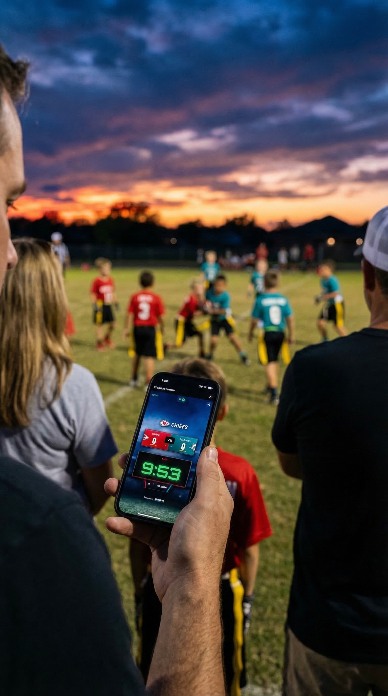 Parent checking scoreboard at dusk